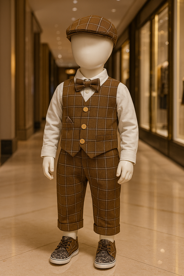 Classic Brown Checkered Baby Boy 3-Piece Suit