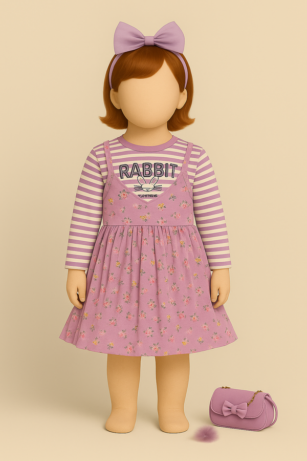 Purple Rabbit Print Baby Girl Dress with Striped Top