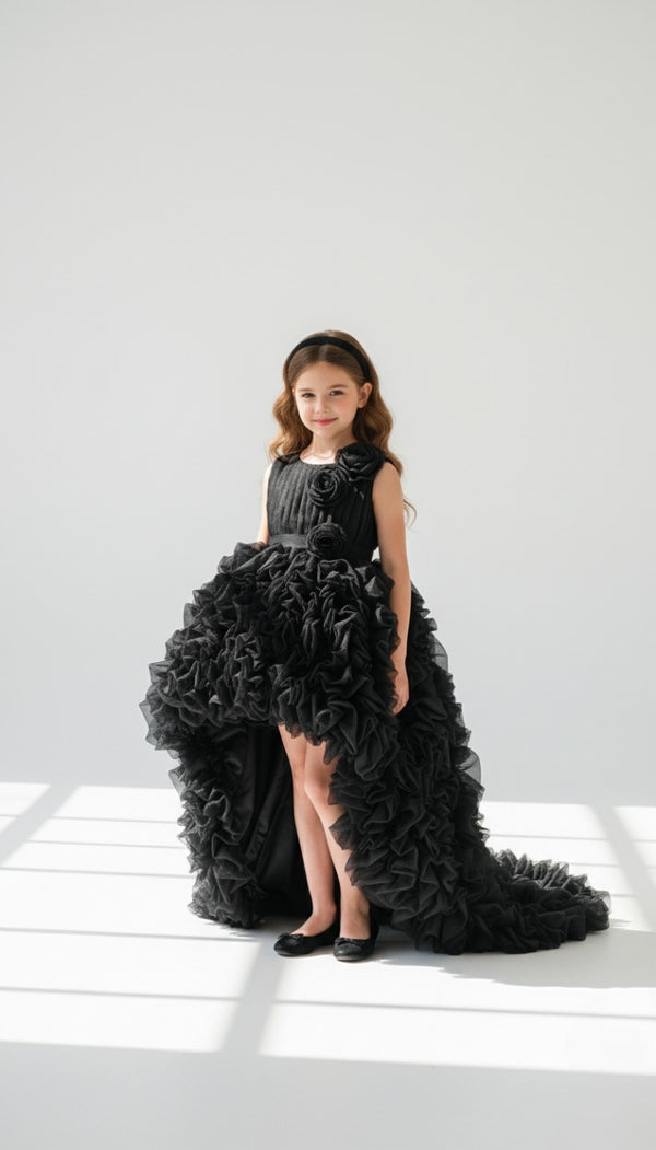 Luxury Ruffle Flower Frock | Peach, White & Black (High-Low Gown)