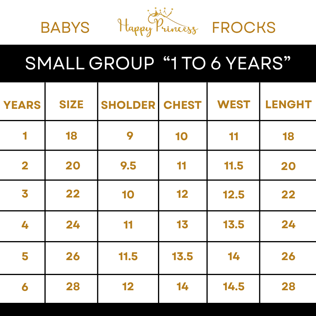 Size chart for 'Happy Princess' baby frocks with measurements in centimeters.