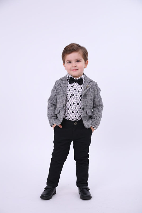 Boys Checkered Pant Coat Set with Bow | Grey & Black