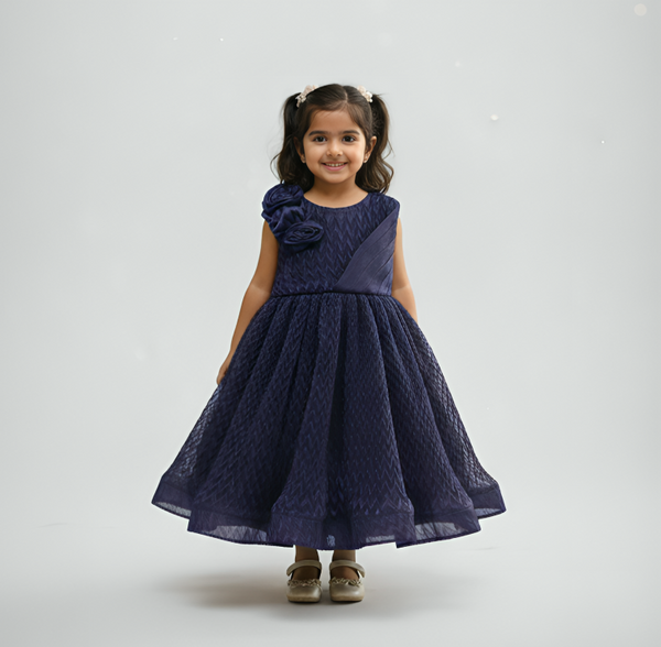 Baby Girls Party Wear Silk Frock with Floral Shoulder Design | Red, Blue & Navy