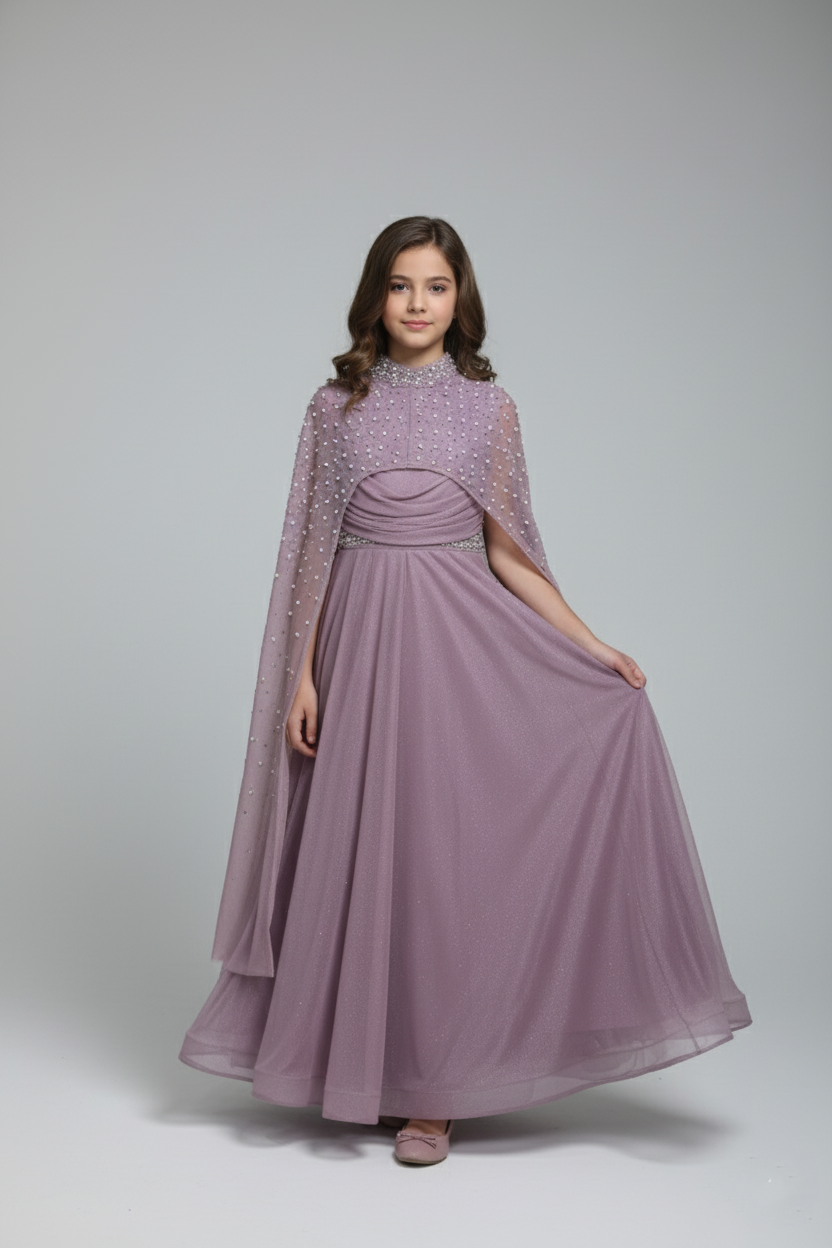Mauve/Lavender Glitter Maxi Gown with Beaded Cape