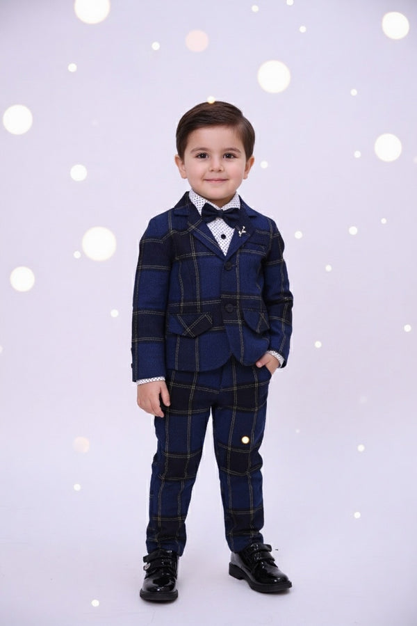 Classic Navy Check Boys Pant Coat | With Bow Tie