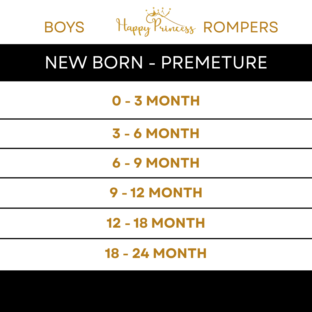 Size chart for boys' rompers with 'Happy Princess' branding on a white background.