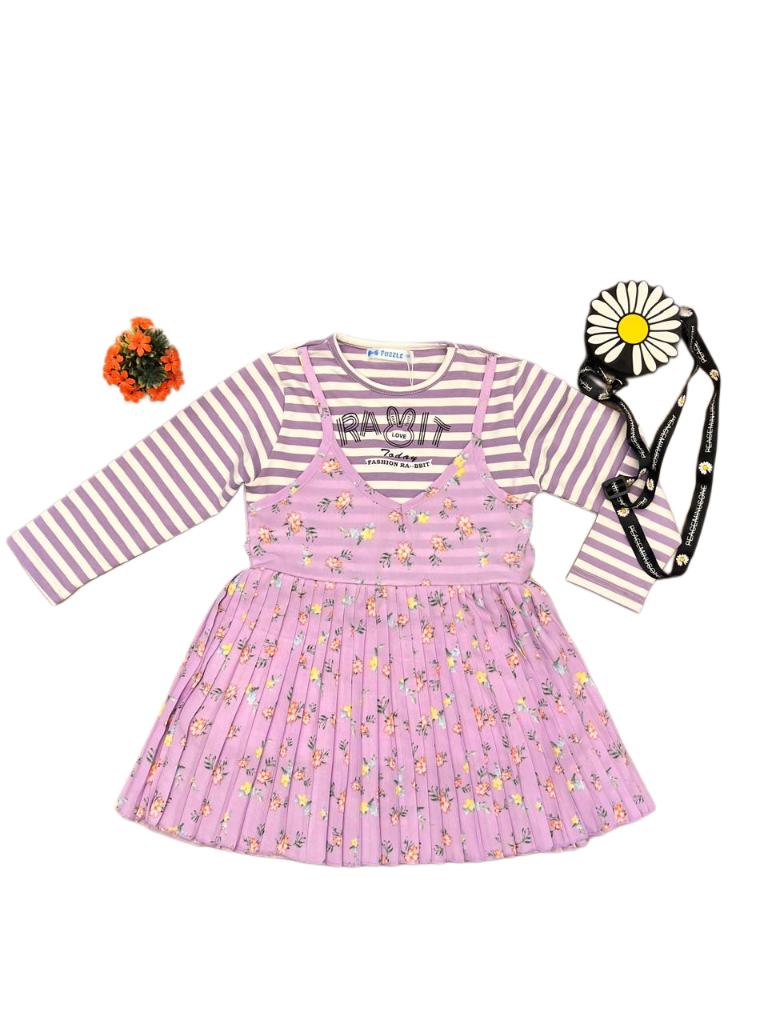 Purple Rabbit Print Baby Girl Dress with Striped Top