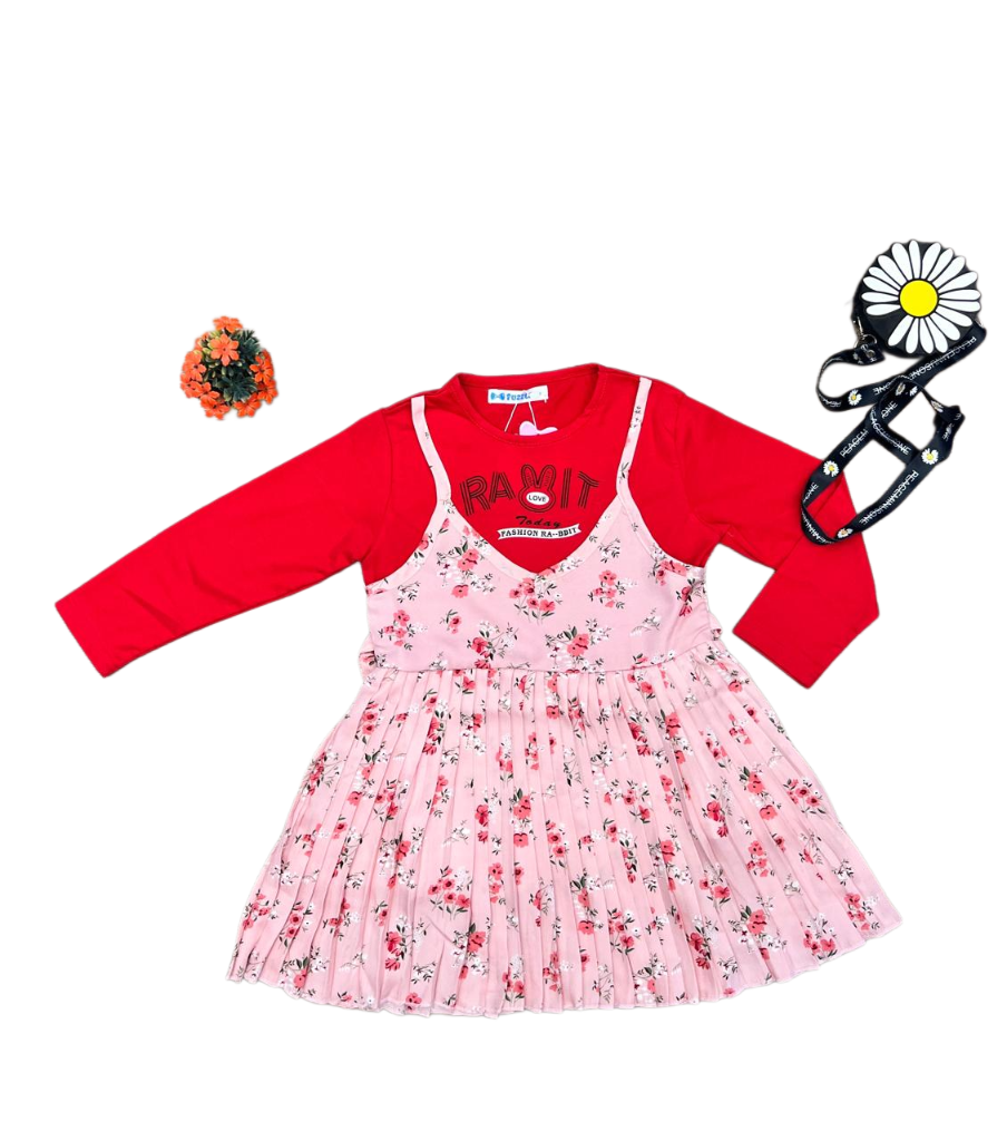 Floral Pink Pinafore Baby Top with Red Inner Shirt