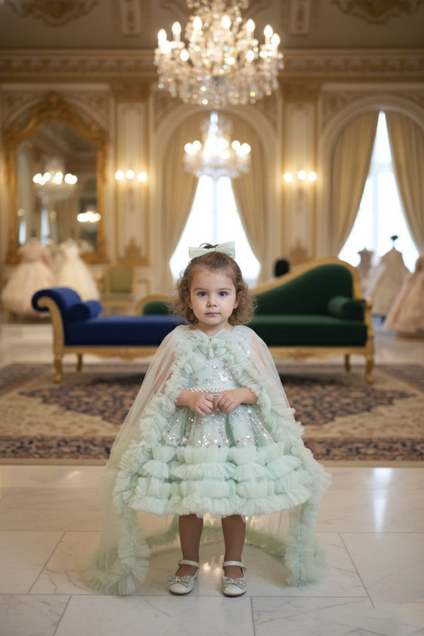Mint Ruffle Sequin Frock with Detachable Cape