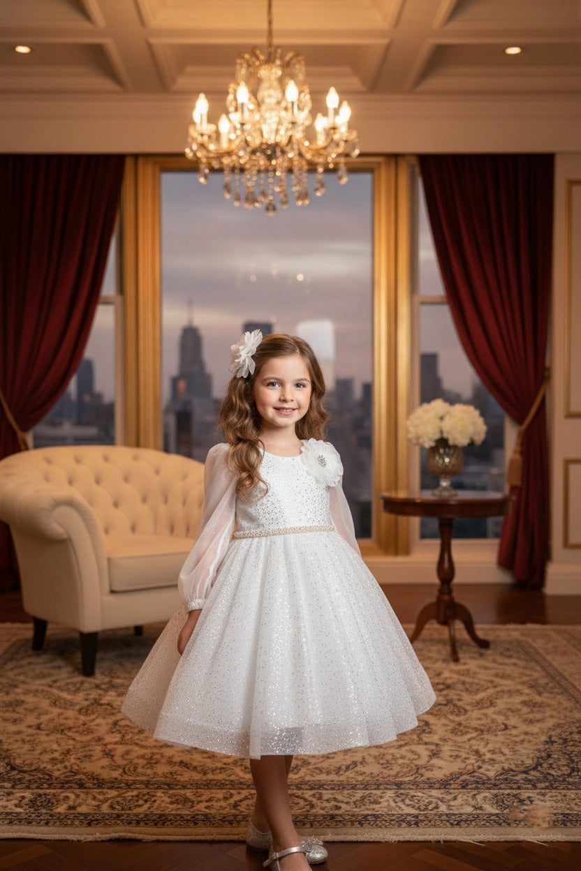 White Long Sleeve Glitter Flower Girl Dress