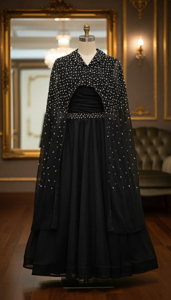 Black Glitter Maxi Dress with Starry Beaded Cape