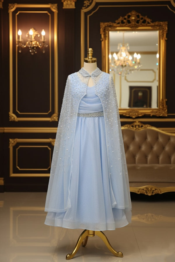 Elsa-Inspired Shimmering Blue Maxi Dress with Cape