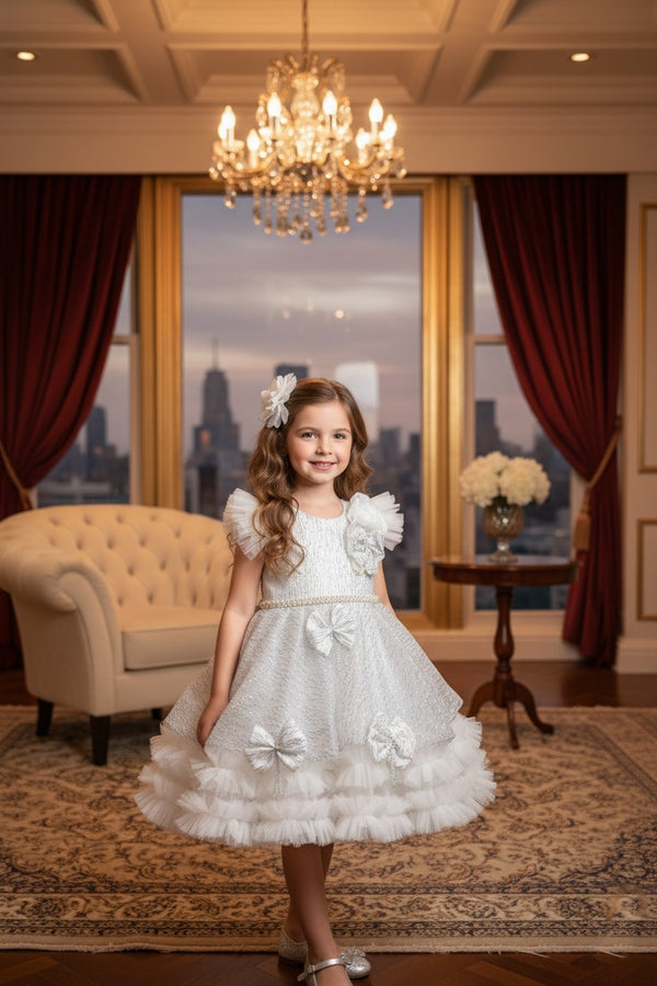 White Ruffle Sleeve Bow Glitter Dress
