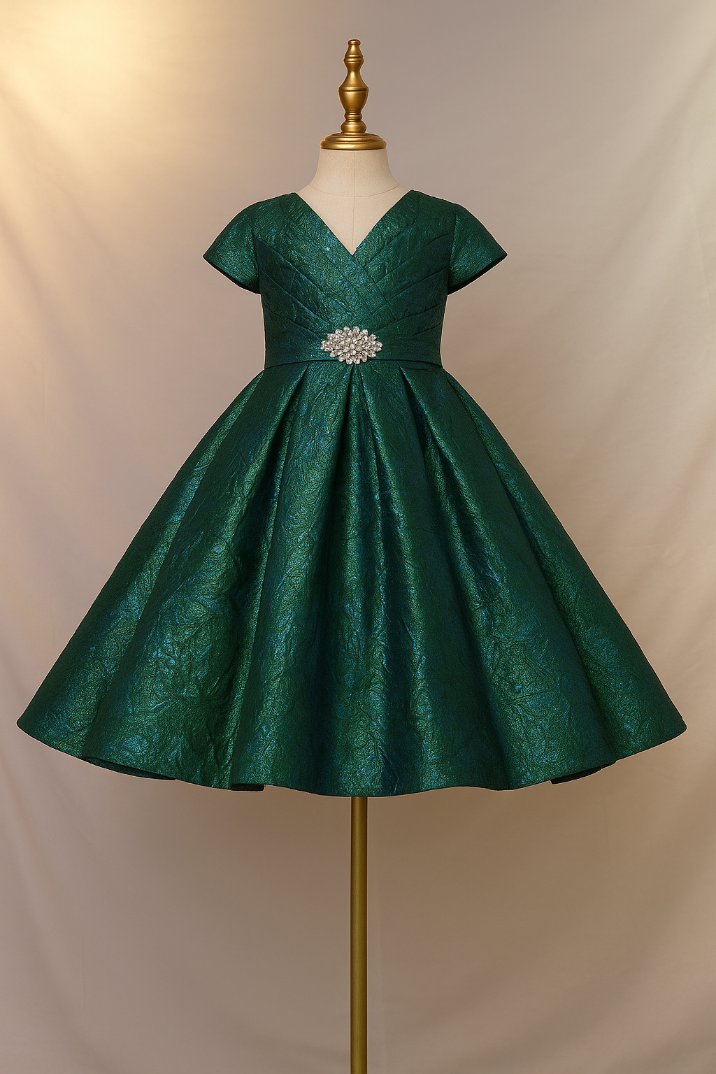 Green dress on a mannequin against a beige background